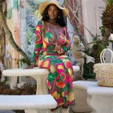 Women Summer Sexy See-Through Print Halter Neck Lace-Up Top and long sleeve chic dress set