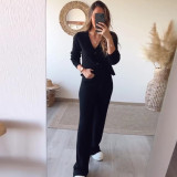 Women autumn solid v neck knitting top and trousers two-piece set