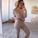 Women autumn solid v neck knitting top and trousers two-piece set