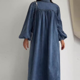 Women casual autumn round neck solid loose long sleeve denim dress