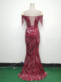 Off Shoulder Tassels Fishbone Slim Waist Lace-Up Sequin Evening Dress