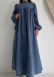 Women casual autumn round neck solid loose long sleeve denim dress