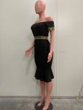 Summer Women's Off Shoulder Short-Sleeved Sexy Solid Color Dress