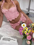 Summer Women style pleated Halter Neck suspender vest and Mini Skirt two-piece suit