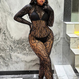 Women jacquard sexy hollow long-sleeved mesh bodysuit Sexy Lingerie