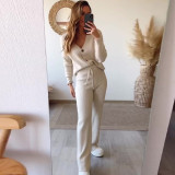 Women autumn solid v neck knitting top and trousers two-piece set