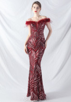 Elegant feather off shoulder sequin Fishtail Plus Size Formal Party Evening Dress