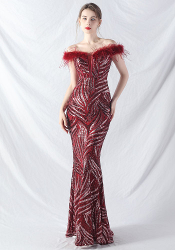 Elegant feather off shoulder sequin Fishtail Plus Size Formal Party Evening Dress