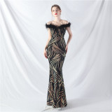 Elegant feather off shoulder sequin Fishtail Plus Size Formal Party Evening Dress