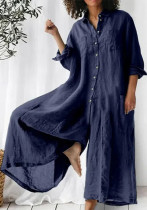 Solid color Casual long sleeve loose Women Linen Jumpsuit