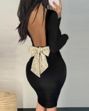 Women's Bow Backless black long sleeve bodycon dress