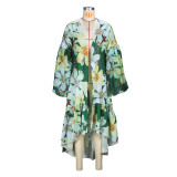 Casual Spring and Autumn Women's Lantern Sleeve Irregular Long Printed Coat