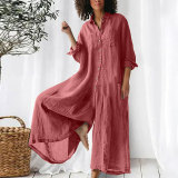 Solid color Casual long sleeve loose Women Linen Jumpsuit