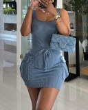 Textured Ribbed Sleeveless Vest Drawstring Tight Fitting short Skirt casual two piece set