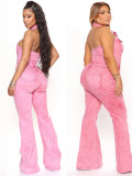 Women's Denim fashion sexy Low Back Turndown Collar pocket Jumpsuit