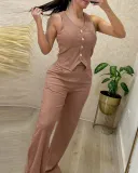 Women's Solid Color Ribbed ingle-Breasted Vest pants Career Casual Suit