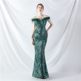 Elegant feather off shoulder sequin Fishtail Plus Size Formal Party Evening Dress