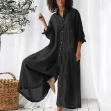 Solid color Casual long sleeve loose Women Linen Jumpsuit