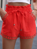 Women's solid Color hollow drawstring casual linen shorts