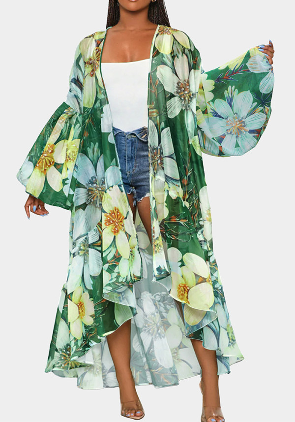 Casual Spring and Autumn Women's Lantern Sleeve Irregular Long Printed Coat