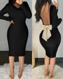 Women's Bow Backless black long sleeve bodycon dress