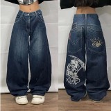 men's American high street Style pattern loose straight wide leg Denim pants