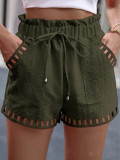 Women's solid Color hollow drawstring casual linen shorts