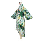 Casual Spring and Autumn Women's Lantern Sleeve Irregular Long Printed Coat