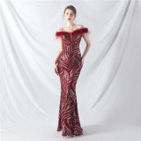 Elegant feather off shoulder sequin Fishtail Plus Size Formal Party Evening Dress