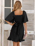 Fashion women's v-neck solid color Slim Waist ruffled summer dress