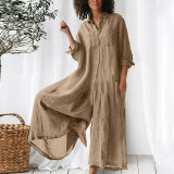 Solid color Casual long sleeve loose Women Linen Jumpsuit