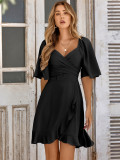 Fashion women's v-neck solid color Slim Waist ruffled summer dress