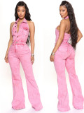 Women's Denim fashion sexy Low Back Turndown Collar pocket Jumpsuit