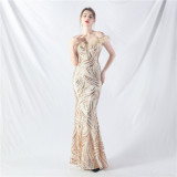 Elegant feather off shoulder sequin Fishtail Plus Size Formal Party Evening Dress