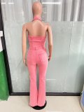 Women's Denim fashion sexy Low Back Turndown Collar pocket Jumpsuit