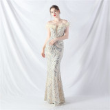 Elegant feather off shoulder sequin Fishtail Plus Size Formal Party Evening Dress