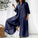 Solid color Casual long sleeve loose Women Linen Jumpsuit