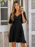 Fashion women's v-neck solid color Slim Waist ruffled summer dress