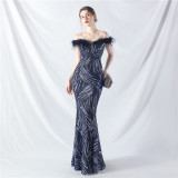 Elegant feather off shoulder sequin Fishtail Plus Size Formal Party Evening Dress