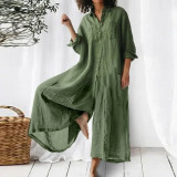 Solid color Casual long sleeve loose Women Linen Jumpsuit