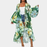 Casual Spring and Autumn Women's Lantern Sleeve Irregular Long Printed Coat