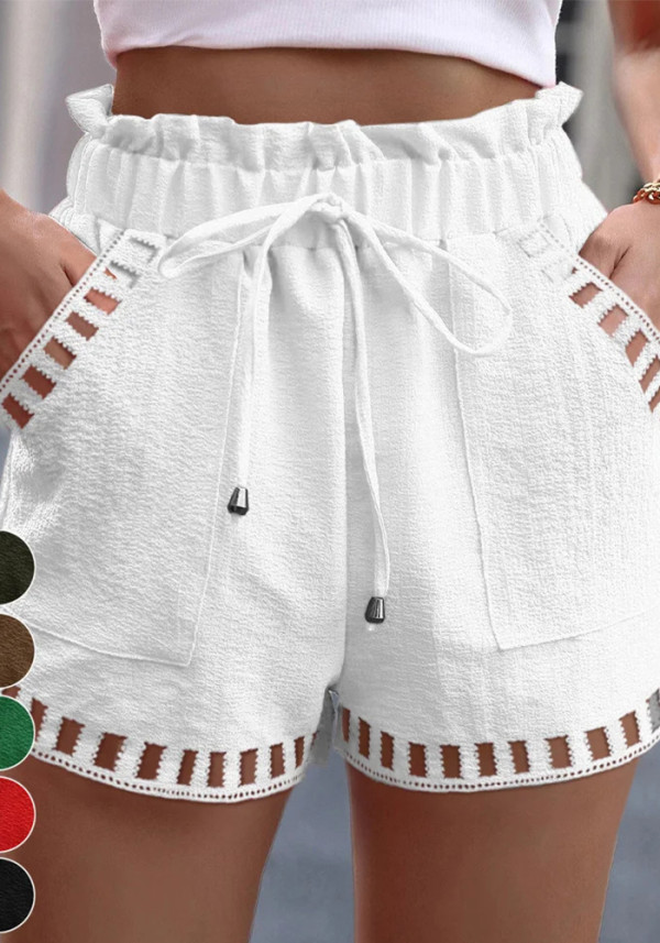 Women's solid Color hollow drawstring casual linen shorts