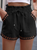 Women's solid Color hollow drawstring casual linen shorts