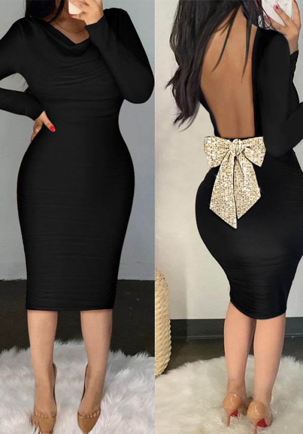 Women's Bow Backless black long sleeve bodycon dress