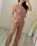 Women's Solid Color Ribbed ingle-Breasted Vest pants Career Casual Suit