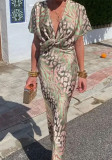 Summer women's fashion print sexy v-neck midi dress