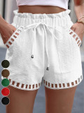 Women's solid Color hollow drawstring casual linen shorts