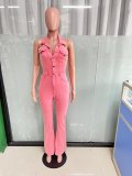 Women's Denim fashion sexy Low Back Turndown Collar pocket Jumpsuit