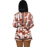 Women Casual Printed Long Sleeve Top and Shorts Two-piece Set