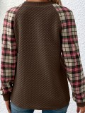 Women Diamond Check Patchwork Long Sleeve Round Neck Casual Top